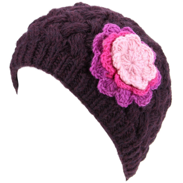 Ladies Wool Cable Knit Beanie Hat with Contrast Flower - Purple