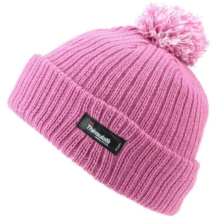 Childrens Beanie Hat with Turn-up and 2-Tone Bobble - Pink