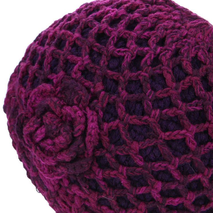 Acrylic Knit Lattice Flower Beanie Hat - Purple