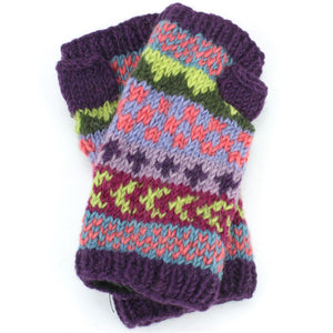 Manchettes en grosse laine tricotée - chevron - violet