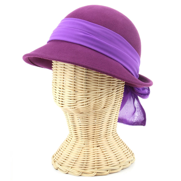 Wool felt cloche hat with wide chiffon band and bow - Purple (57cm)