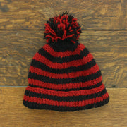 Chunky Wool Knit Beanie Bobble Hat - Stripe Red Black