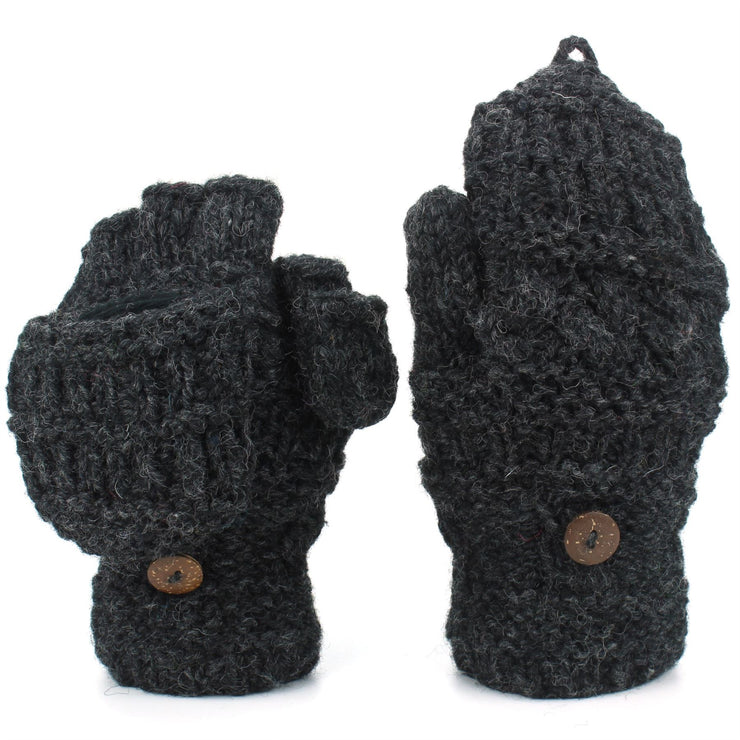 Chunky Wool Fingerless Shooter Gloves - Mixed Knits - Charcoal Grey