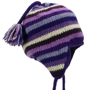 Bonnet à pompon en tricot de laine - rayures violettes