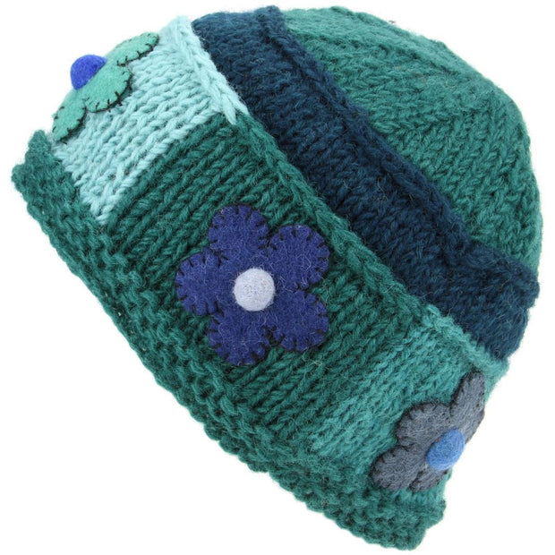 Ladies Wool Knit Beanie Hat with Flower Patch Design - Green