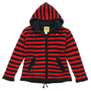 Hand Knitted Wool Hooded Jacket Cardigan Ladies Cut - Stripe Red Black