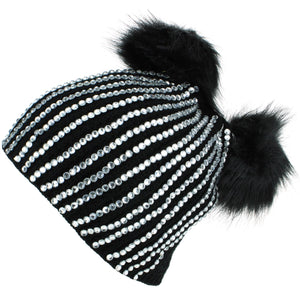 Bonnet en tricot épais clouté Bling Diamante avec deux pompons - Noir