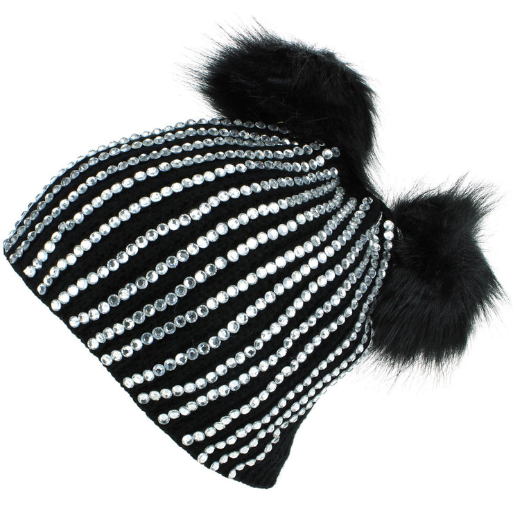 Bling Diamante Studded Chunky Knit Beanie Hat with Two Bobbles - Black