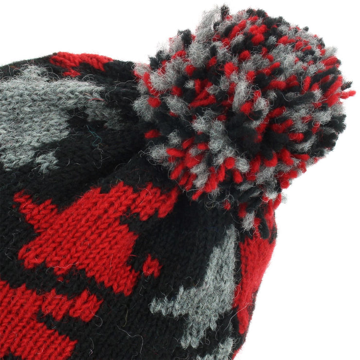 Wool Knit Bobble Beanie Hat - Red Houndstooth