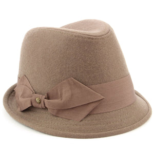 Wool trilby hat with short brim and large side bow - Brown (57cm)