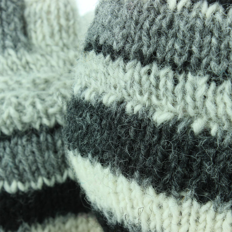 Chunky Wool Knit Fingerless Shooter Gloves - Stripe - Grey & Black