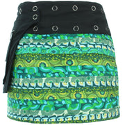 Reversible Popper Wrap Mini Skirt - Green Patch Strips / Floral Oyster