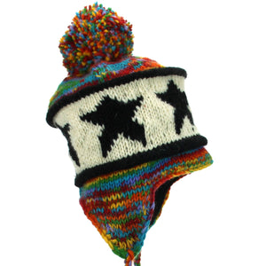 Bonnet à pompon en tricot de laine avec oreillettes - étoile arc-en-ciel sd