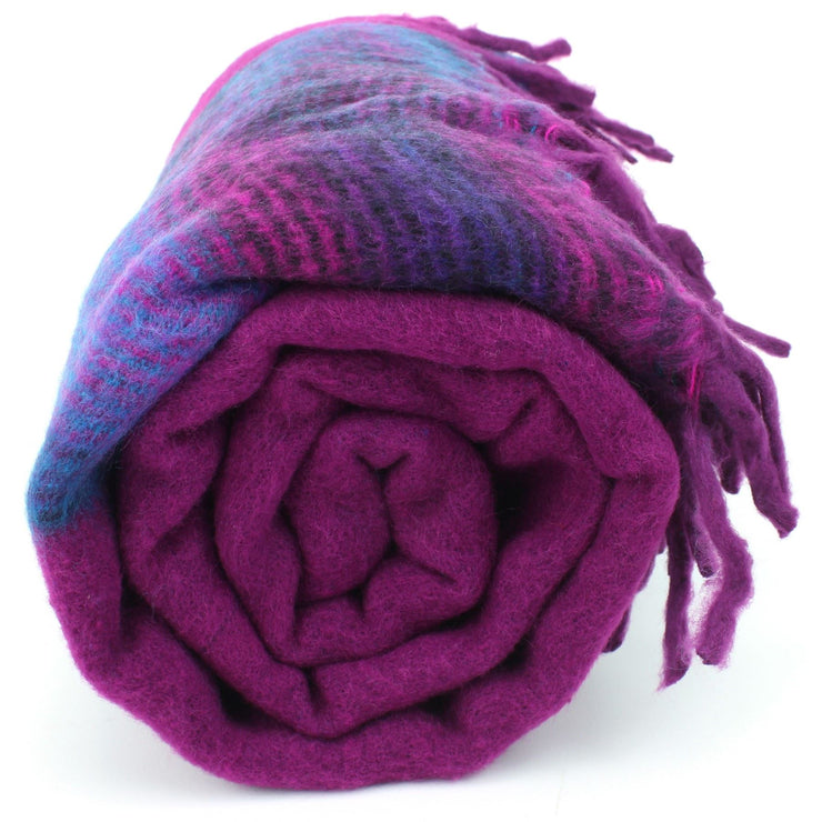 Tibetan Wool Blend Shawl Blanket - Purple with Blue & Purple Reverse