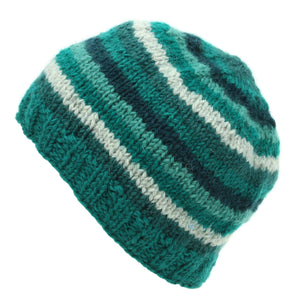 Handgestrickte Beanie-Mütze aus Wolle – blaugrün gestreift