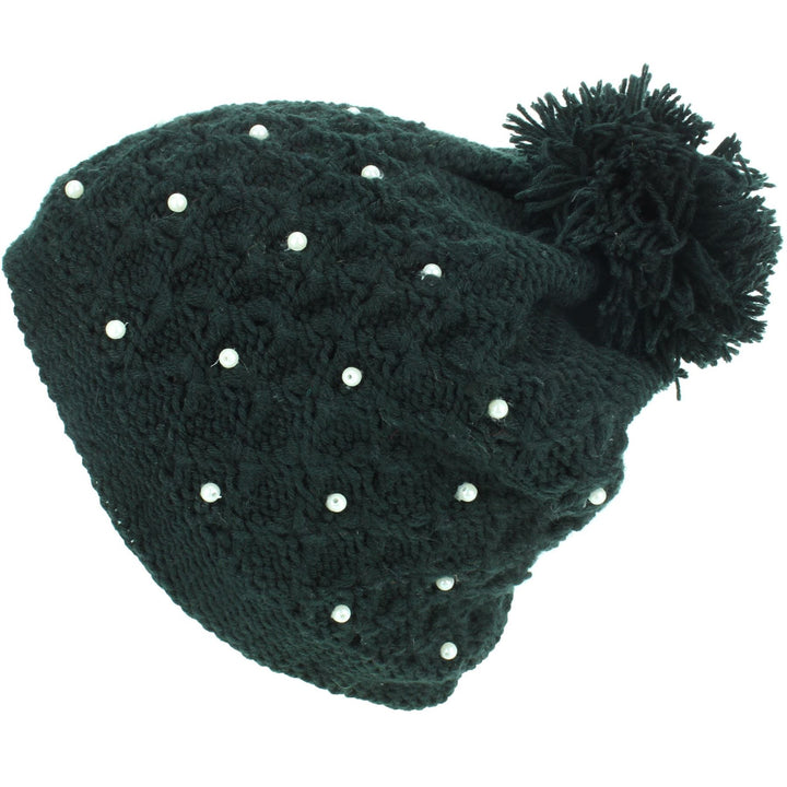 Pearl Lattice Bobble Beanie Hat - Black
