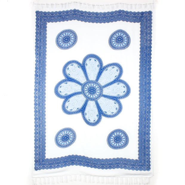 Viscose Rayon Sarong - Flower Mandala - White & Blue