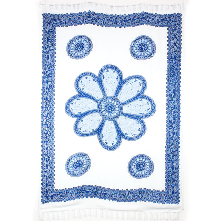 Viscose Rayon Sarong - Flower Mandala - White & Blue