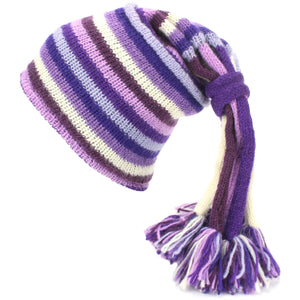Bonnet à pompons "fontaine" en tricot de laine - violets
