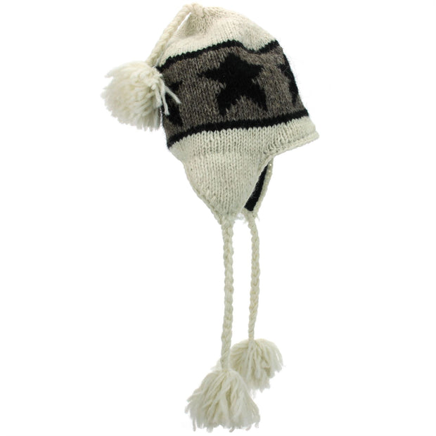 Wool Knit Earflap Tassel Hat - Star Cream
