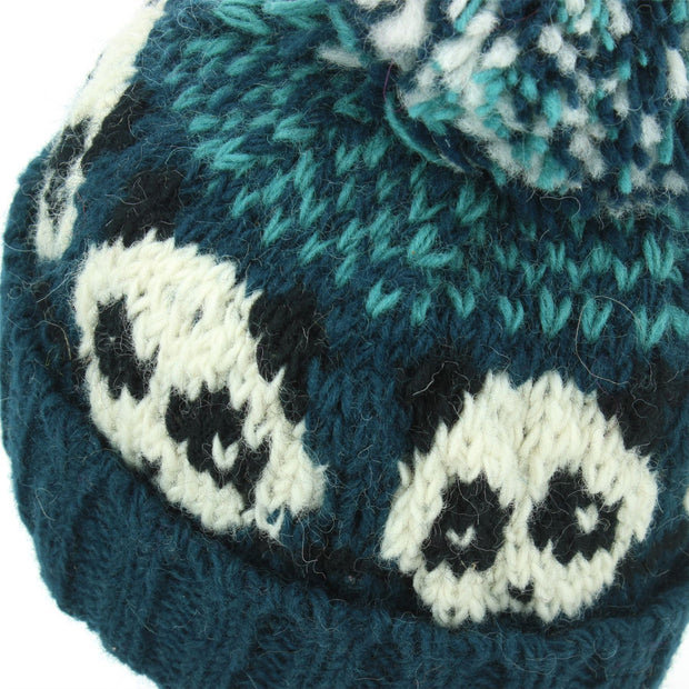 Wool Knit Bobble Beanie Hat - Panda - Teal Green