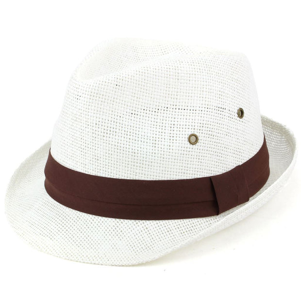 Straw Trilby Fedora Hat with Ventilation and Ribbon - White