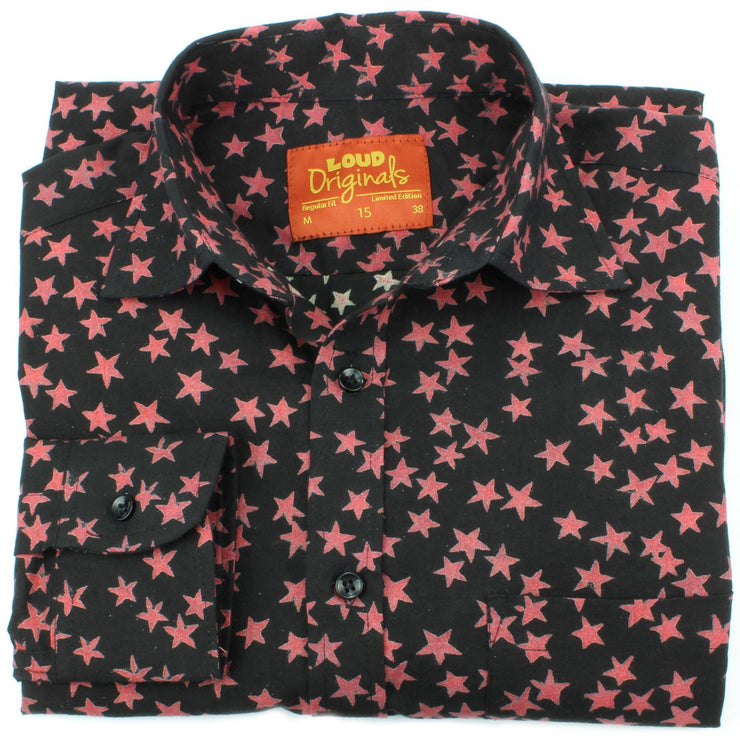 Regular Fit Long Sleeve Shirt - Black with Plum Red Stars
