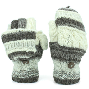 Chunky Wool Fingerless Shooter Gloves - Striped Mixed Knits - Grey Cream