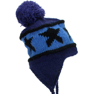 Bonnet à pompon en tricot de laine avec oreillettes - bleu étoile