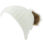Childrens Cable Knit Beanie Hat with Faux Fur Bobble and Turn-up - White