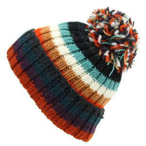 Bonnet à pompon en laine tricoté à la main - rayure anu