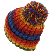 Hand Knitted Wool Beanie Bobble Hat - Stripe Dark Rainbow