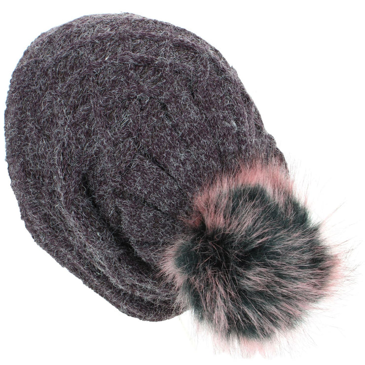 Knitted Slouch Bobble Beanie Hat with Super Soft Fleece Lining - Purple