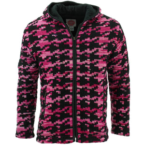Wool Knit Hooded Cardigan Jacket - Pink Houndstooth