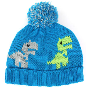 Children's Dinosaur Beanie Bobble Hat - Blue