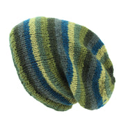 Hand Knitted Baggy Slouch Beanie Hat - Stripe Green Blue
