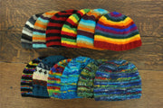 Wool Knit Beanie Hat - Stripe Navy Pink Pattern