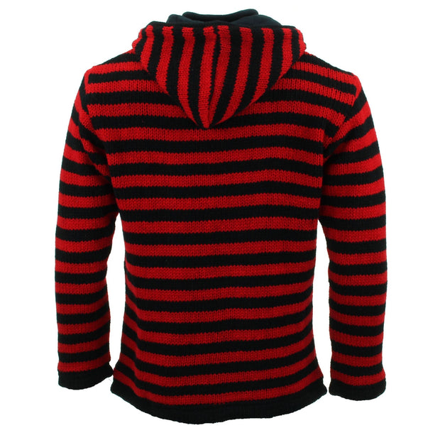 Hand Knitted Wool Hooded Jacket Cardigan - Stripe Red Black