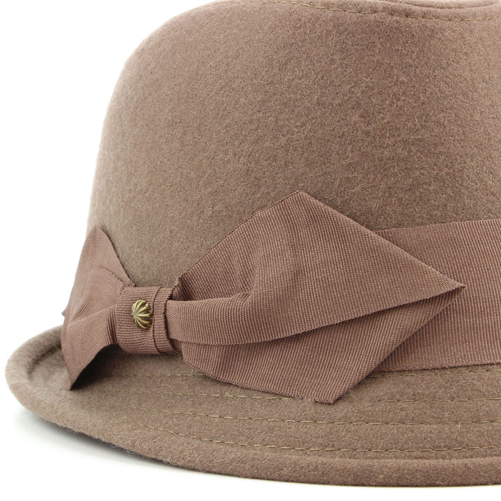 Wool trilby hat with short brim and large side bow - Brown (57cm)