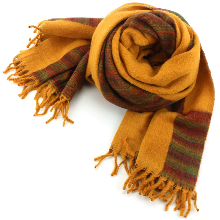 Tibetan Wool Blend Shawl Blanket - Mustard with Green & Red Reverse