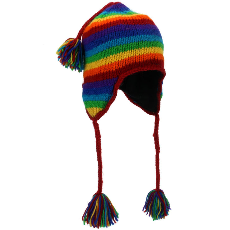 Wool Knit Earflap Tassel Hat - Stripe Rainbow