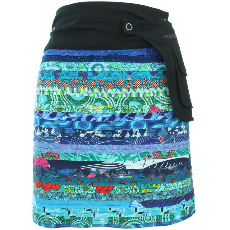 Reversible Popper Wrap Knee Length Skirt - Blue Patch Strips / Diamond Block