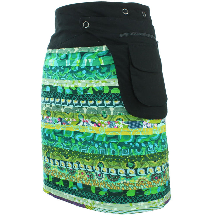 Reversible Popper Wrap Knee Length Skirt - Green Patch Strips / Floral Oyster