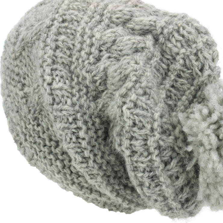 Wool Knit Bobble Beanie Hat - Light Grey