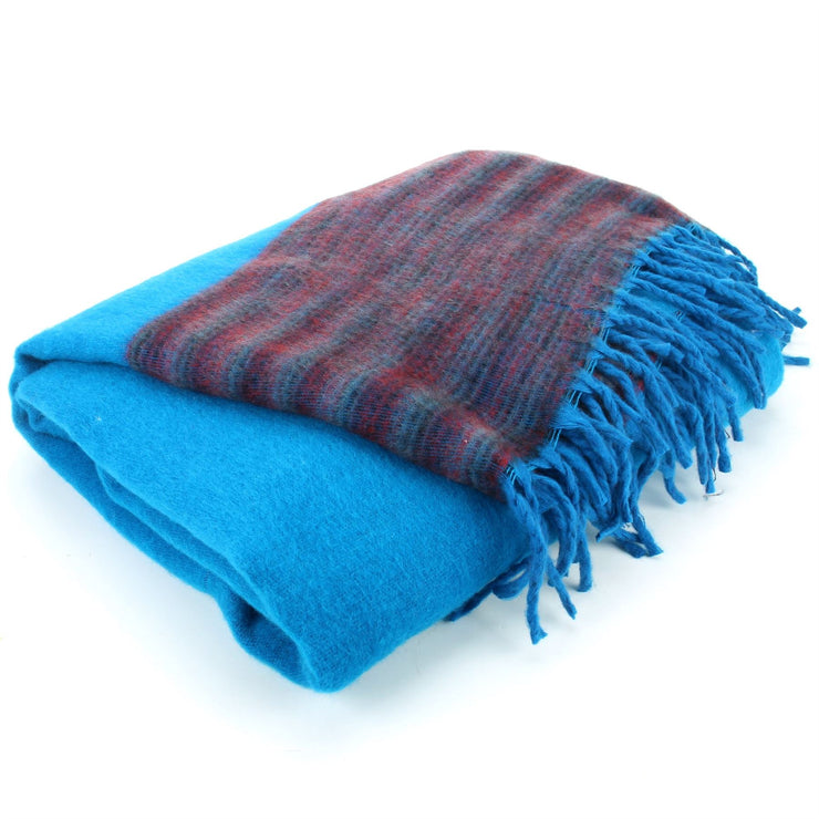 Tibetan Wool Blend Shawl Blanket - Blue with Maroon & Grey Reverse