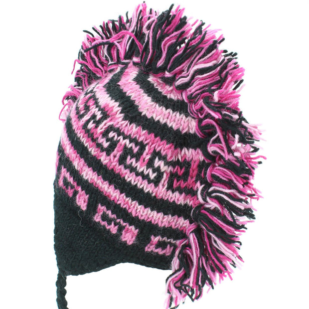 Wool Knit 'Punk' Mohawk Earflap Beanie Hat - Black & Pink SD