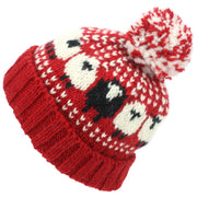 Wool Knit Bobble Beanie Hat - Sheep - Red White