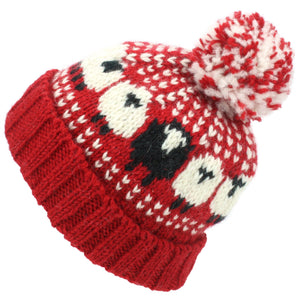Bonnet à pompon en tricot de laine - mouton - rouge blanc