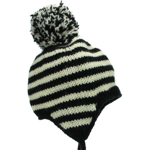 Wool Knit Earflap Bobble Hat - Stripe Cream Black