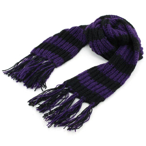 Echarpe en laine tricotée main - rayure violet noir
